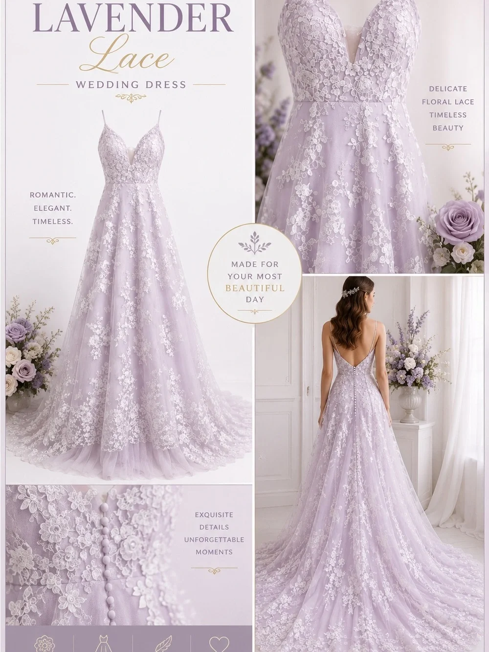 Lavender Lace A-Line Wedding Dress Size XS Floral Appliqué Tulle Bridal Gown - Picture 2 of 7
